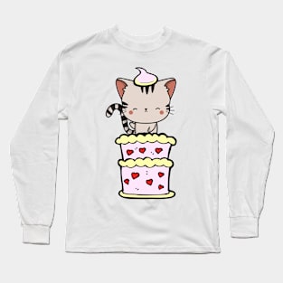 Funny tabby cat jumping out of a cake Long Sleeve T-Shirt